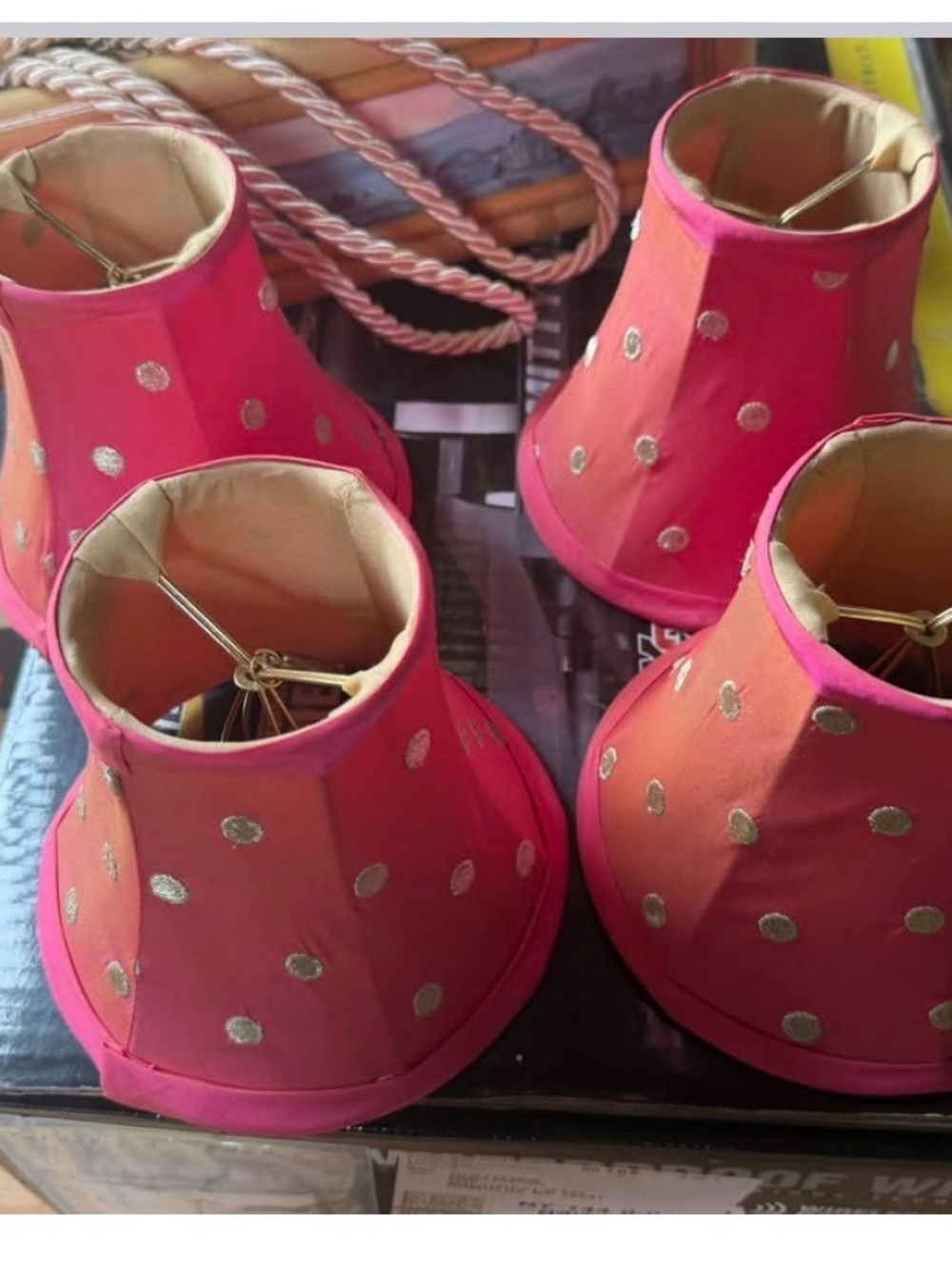 MacKenzie-Childs Pink and Gold Polka Dot Mini Lamp Shades (Set of 4)